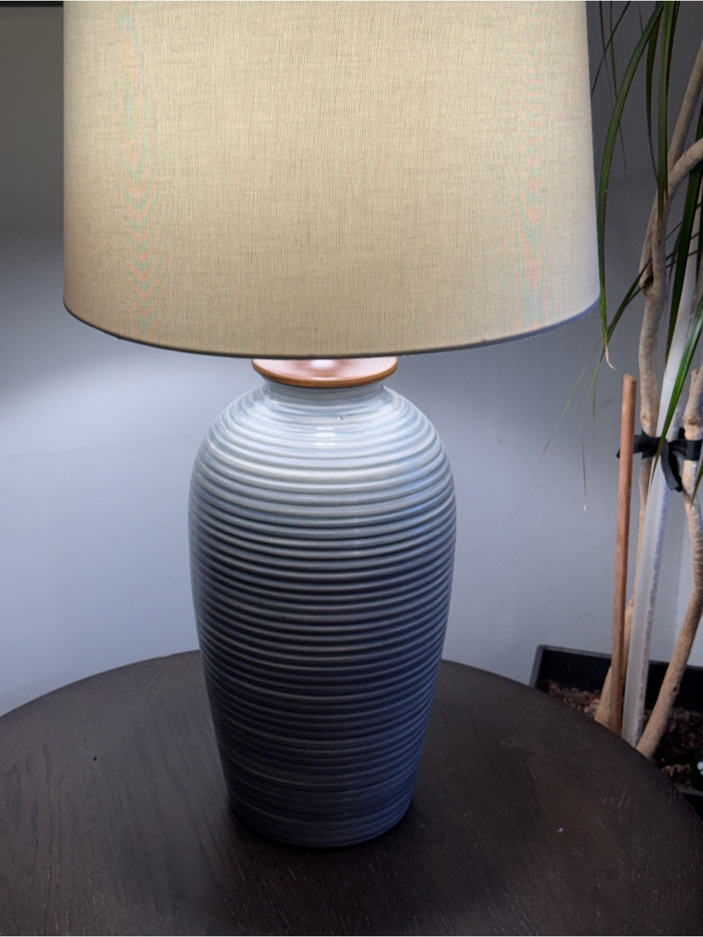Ribbed Ceramic Table Lamp in Muted Blue-Gray